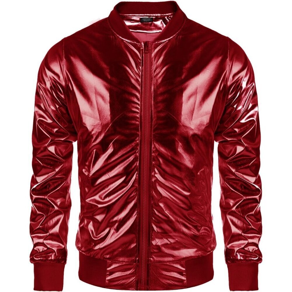 Men's Red Shiny Fabric Varsity Bomber Jacket Metallic Style Zipper Shirts